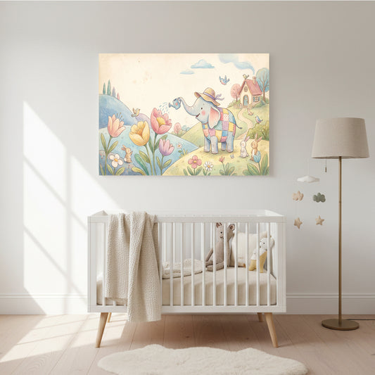 Colorful nursery wall art of an elephant in a patchwork outfit watering flowers in a whimsical meadow with hills, trees, birds, rabbits, and a small house above a white crib.