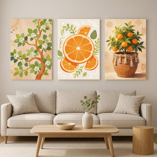 Mediterranean Citrus Wall Art Set – Orange Tree, Blossoms & Fruit Illustrations