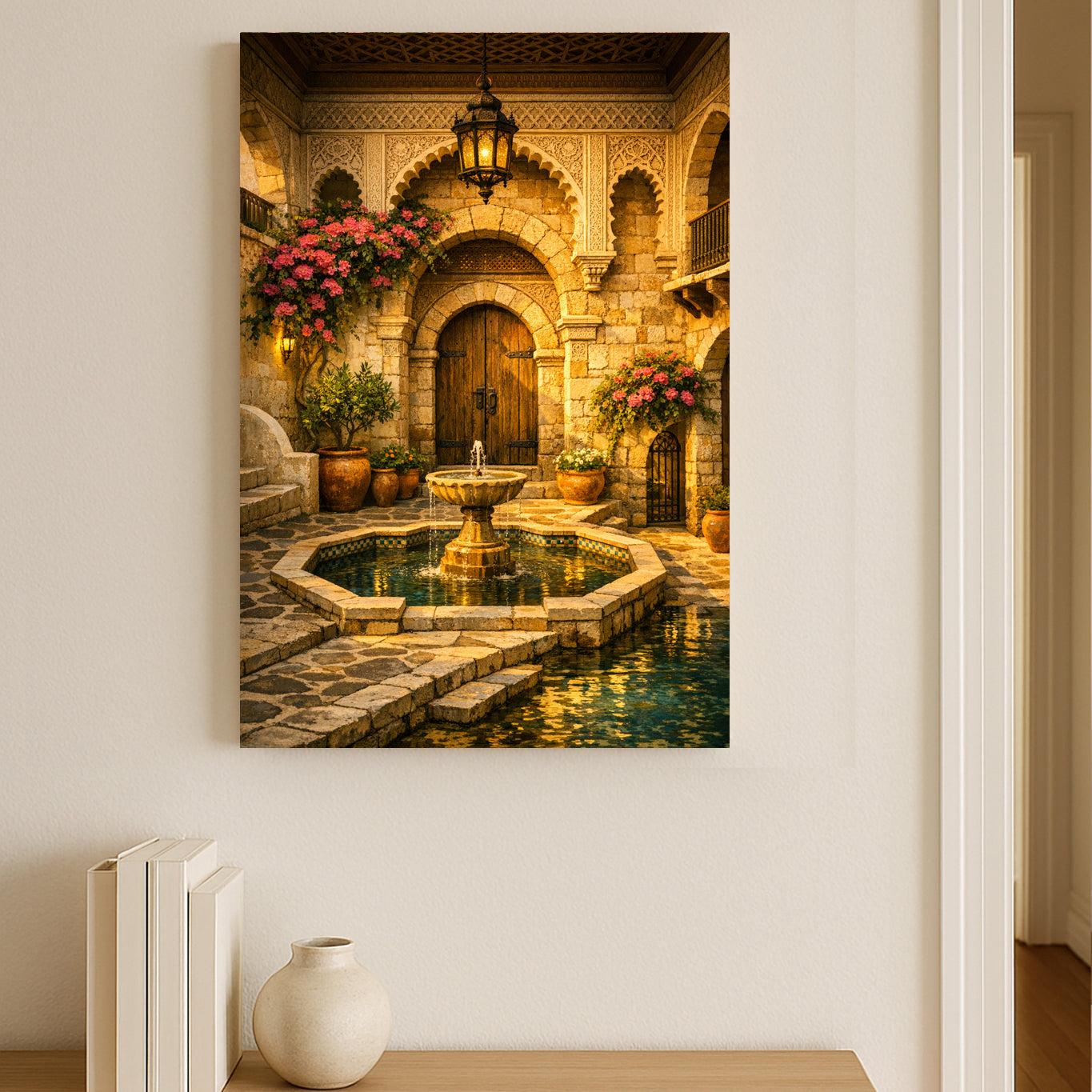 Mediterranean Courtyard Fountain • Spanish Tile Patio Wall Art • Terracotta Garden • Moorish Architecture Home Decor