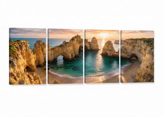 Ponta da Piedade sunset golden arches four panel coastal panorama canvas wall art on white background - Portugal Canvas Co