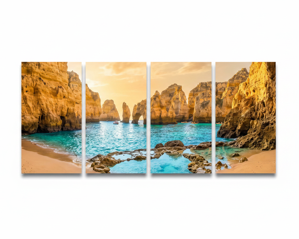 Ponta da Piedade four-panel canvas wall art Algarve golden limestone arches on white background - Portugal Canvas Co