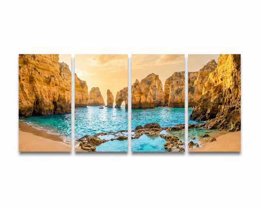 Ponta da Piedade four-panel canvas wall art Algarve golden limestone arches on white background - Portugal Canvas Co