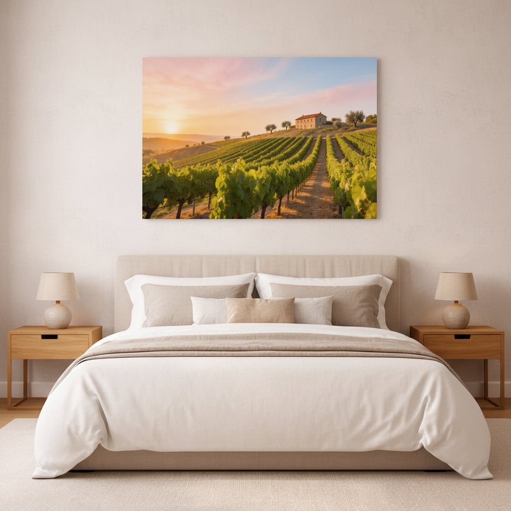 Portugal vineyard sunset rustic landscape canvas wall art displayed in bedroom interior - Portugal Canvas Co