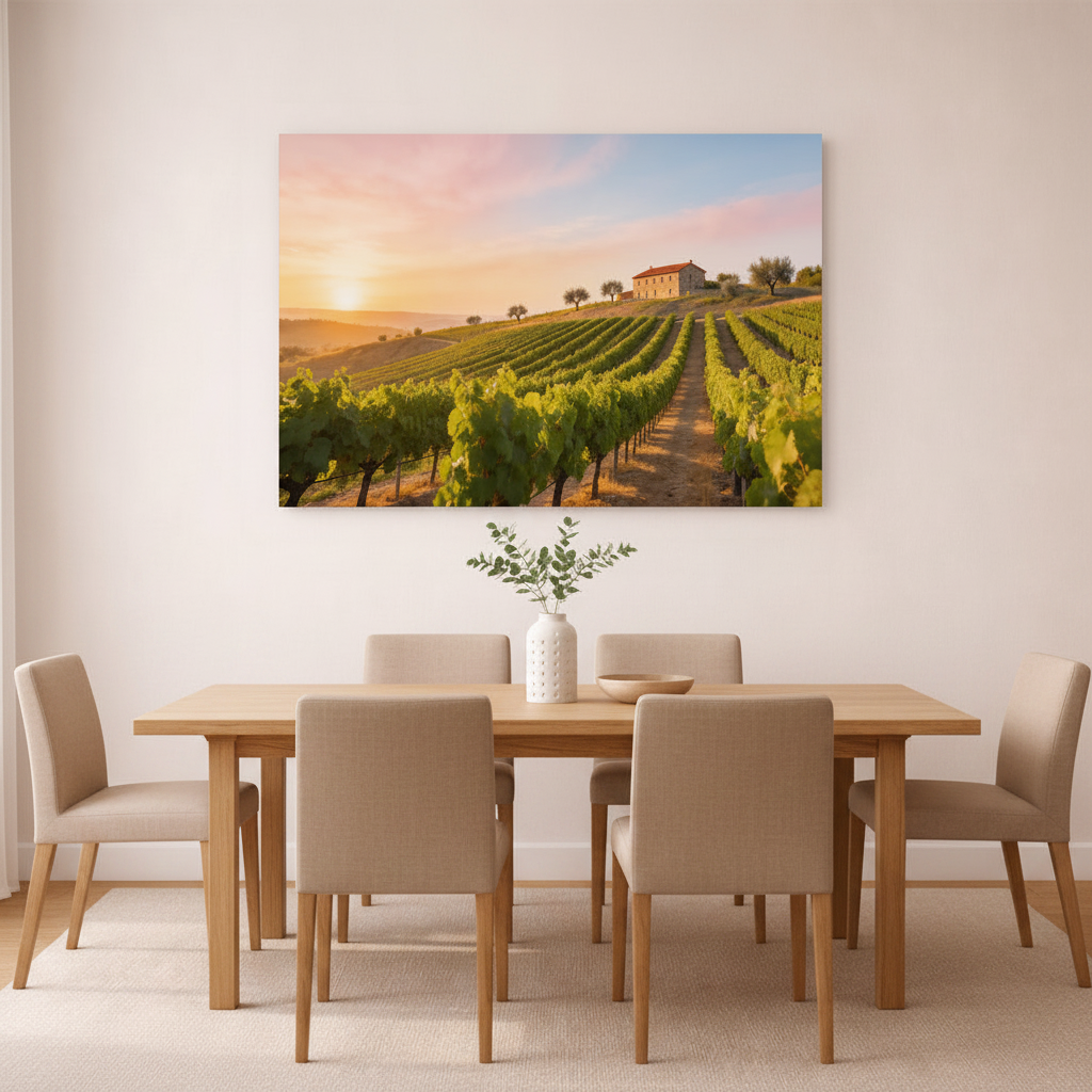 Portugal vineyard sunset rustic landscape canvas wall art displayed in dining room interior - Portugal Canvas Co