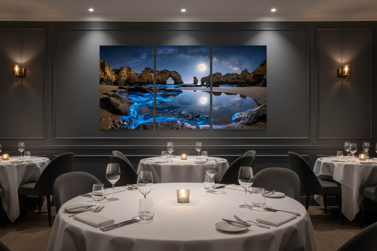 Algarve moonlit bioluminescent beach triptych canvas wall art displayed in an elegant fine dining restaurant interior - Portugal Canvas Co