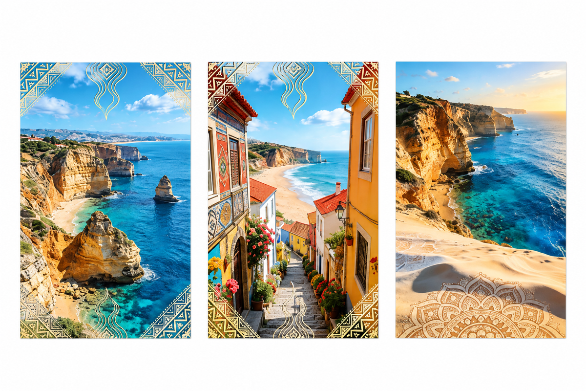 Portuguese coastal triptych canvas wall art set with Azulejo border flat lay on white background - Portugal Canvas Co