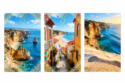 Portuguese coastal triptych canvas wall art set with Azulejo border flat lay on white background - Portugal Canvas Co