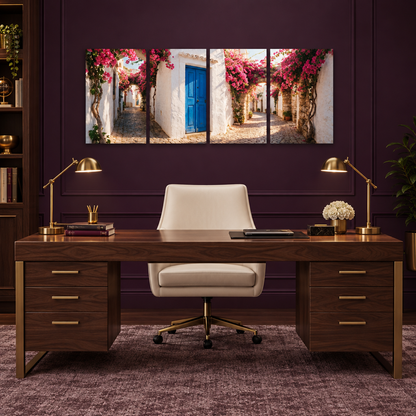 Albufeira Old Town bougainvillea four-panel canvas set above a walnut desk in an aubergine office - Portugal Canvas Co