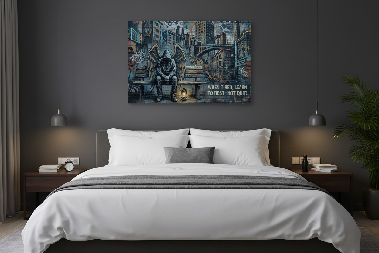 When Tired Learn to Rest Not Quit Banksy-style graffiti canvas wall art with hooded angel sitting on a bench in a dark urban cityscape displayed above a bed in a stylish dark bedroom - Portugal Canvas Co

