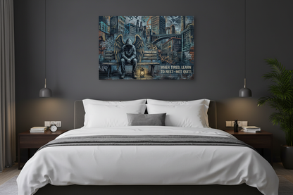 When Tired Learn to Rest Not Quit Banksy-style graffiti canvas wall art with hooded angel sitting on a bench in a dark urban cityscape displayed above a bed in a stylish dark bedroom - Portugal Canvas Co

