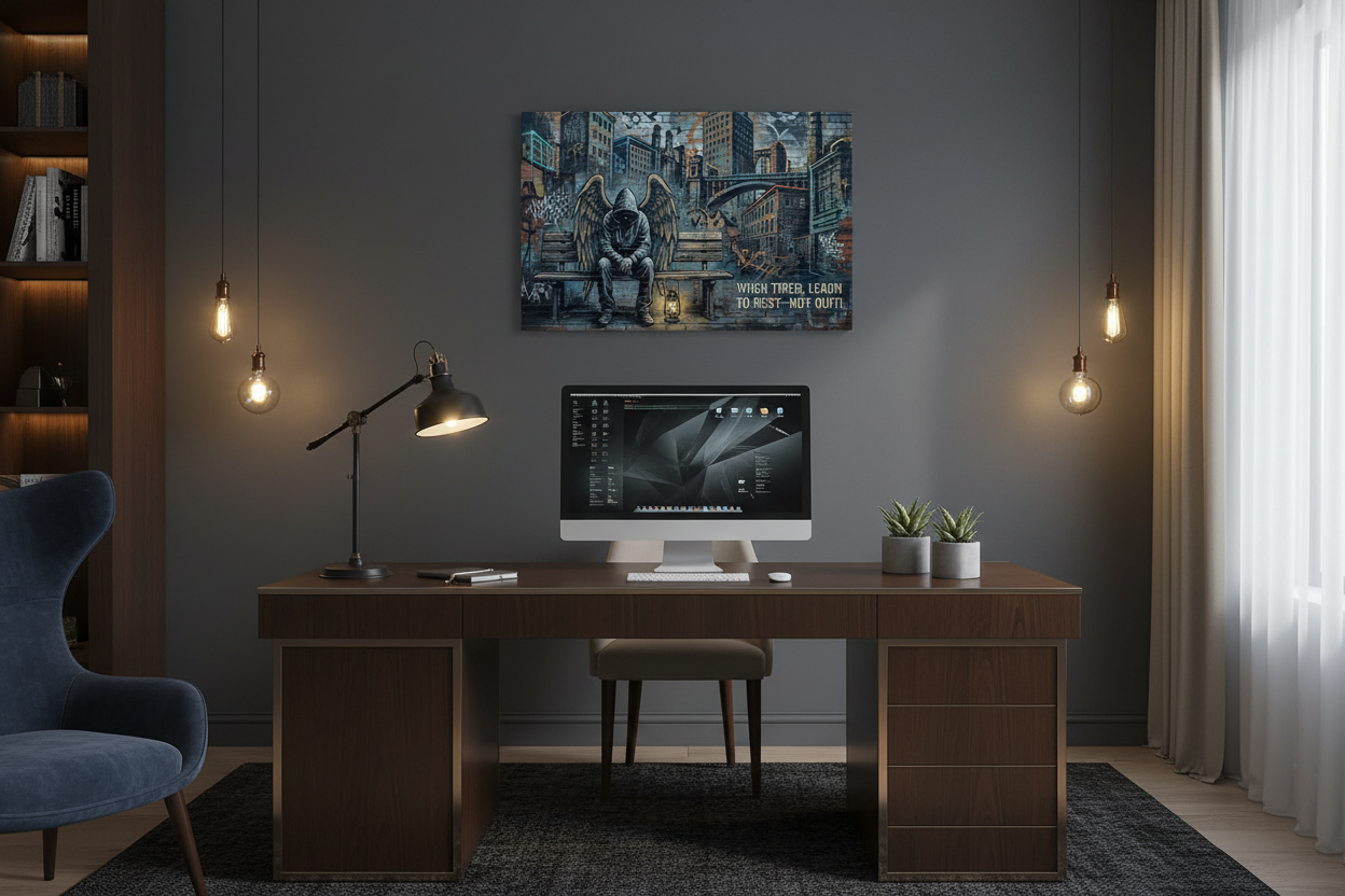 When Tired Learn to Rest Not Quit Banksy-style graffiti canvas wall art with hooded angel sitting on a bench in a dark urban cityscape displayed above a desk in a sophisticated home office - Portugal Canvas Co