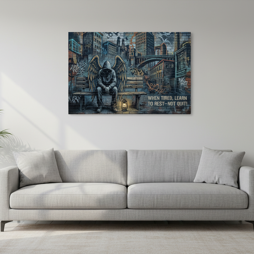 When Tired Learn to Rest Not Quit Banksy-style graffiti canvas wall art showing a hooded angel with large wings sitting on a wooden bench in a dark moody urban cityscape with a lantern and inspirational quote - Portugal Canvas Co
