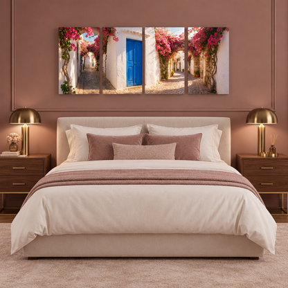 Albufeira Old Town bougainvillea four-panel canvas set above an ivory bed in a dusty rose bedroom - Portugal Canvas Co