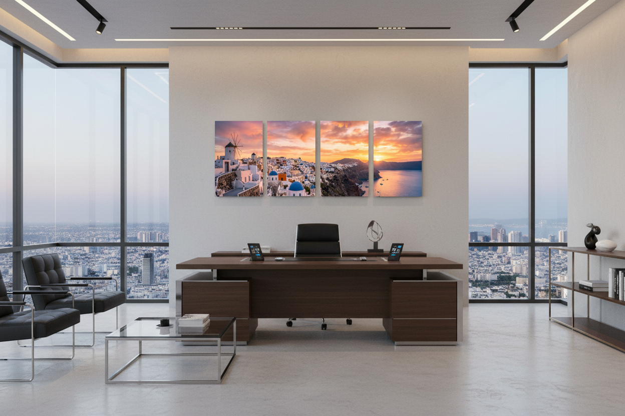 Santorini sunset four-panel canvas wall art displayed on the feature wall of a sleek corporate office with floor-to-ceiling windows and city views - Portugal Canvas Co