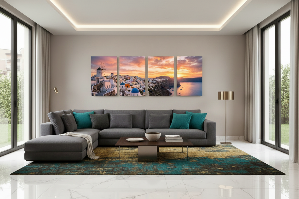 Santorini sunset four-panel canvas wall art displayed in a luxurious living room with high ceilings, cream sectional sofa and marble floors - Portugal Canvas Co
