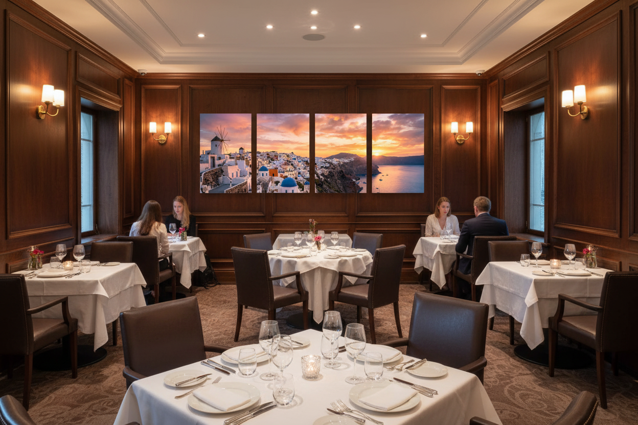 Santorini sunset four-panel canvas wall art displayed on the wall of an upscale restaurant with dark wood panelling, leather chairs and white tablecloths - Portugal Canvas Co