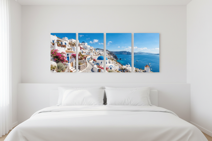 Santorini in bloom four-panel canvas wall art displayed above a king bed in a bright Mediterranean-style bedroom - Portugal Canvas Co