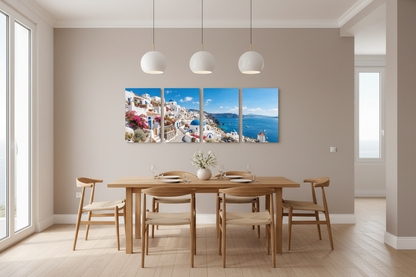 Santorini in bloom four-panel canvas wall art displayed above a dining table in a bright modern interior - Portugal Canvas Co