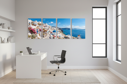 Santorini in bloom four-panel canvas wall art displayed above a desk in a bright modern home office - Portugal Canvas Co