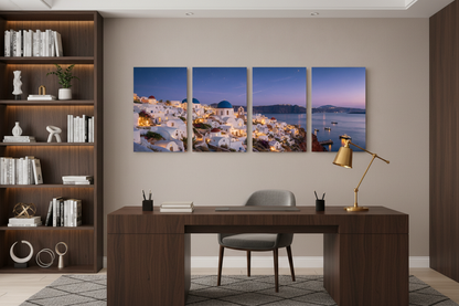 Santorini at night four-panel canvas wall art displayed above a desk in a modern home office interior - Portugal Canvas Co