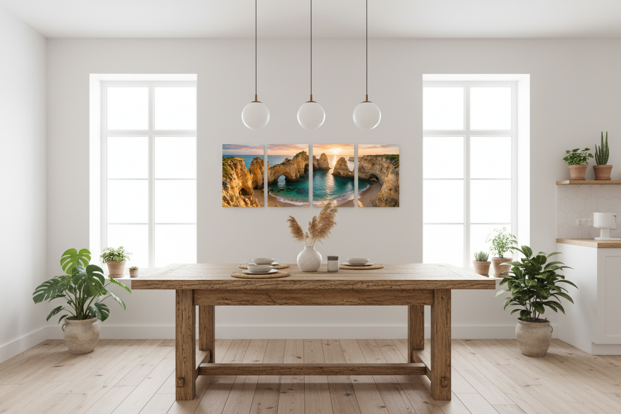 Ponta da Piedade Algarve sunset four panel canvas wall art displayed above a rustic wooden dining table in a bright Scandinavian kitchen-diner with white walls and pendant lights - Portugal Canvas Co