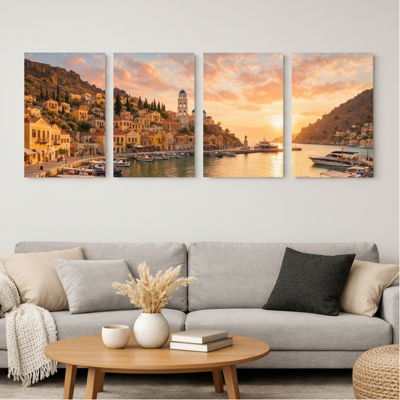 Symi harbour sunset four-panel canvas wall art displayed above a light grey sofa in a bright Scandinavian living room with white walls - Portugal Canvas Co