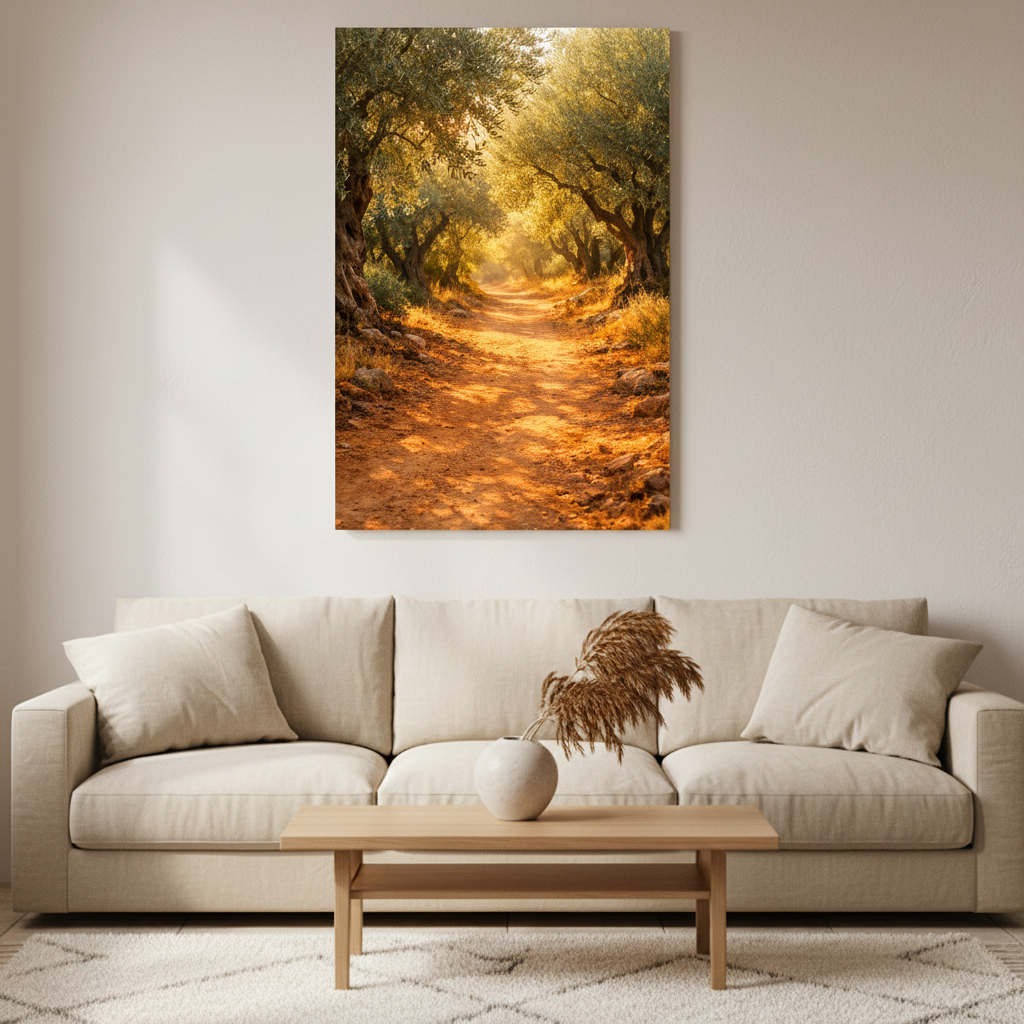 Sunlit olive grove path Mediterranean landscape canvas wall art in living room interior - Portugal Canvas Co

