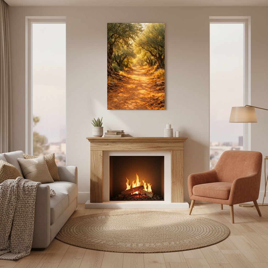 Sunlit olive grove path Mediterranean landscape canvas wall art in home study interior - Portugal Canvas Co