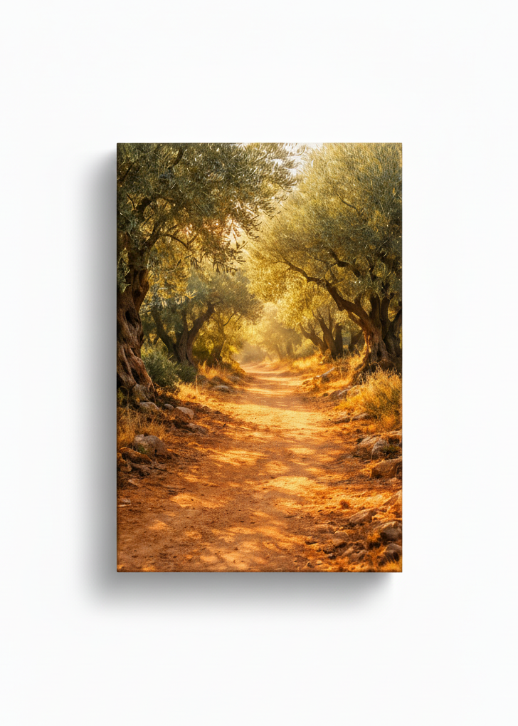 Sunlit olive grove path Mediterranean landscape canvas wall art on white background - Portugal Canvas Co