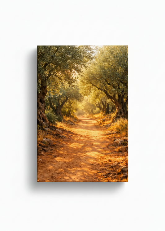 Sunlit olive grove path Mediterranean landscape canvas wall art on white background - Portugal Canvas Co