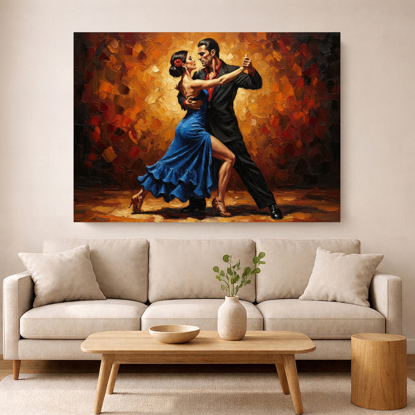 “Tango couple dancing, blue dress and black suit, expressive textured painting on a modern living room wall