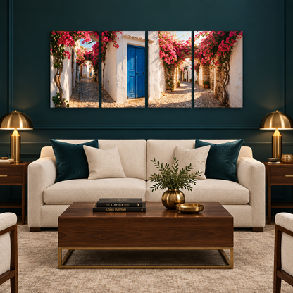 Albufeira Old Town bougainvillea four-panel canvas set above a cream sofa in a teal lounge - Portugal Canvas Co