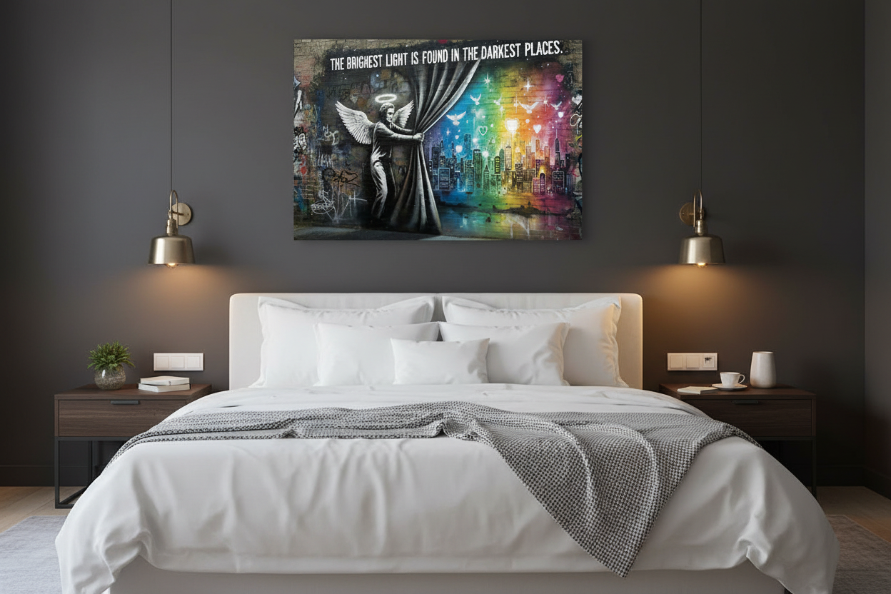 The Brightest Light Is Found in the Darkest Places Banksy-style graffiti canvas wall art with angel, rainbow cityscape and doves displayed above a bed in a moody dark bedroom - Portugal Canvas Co