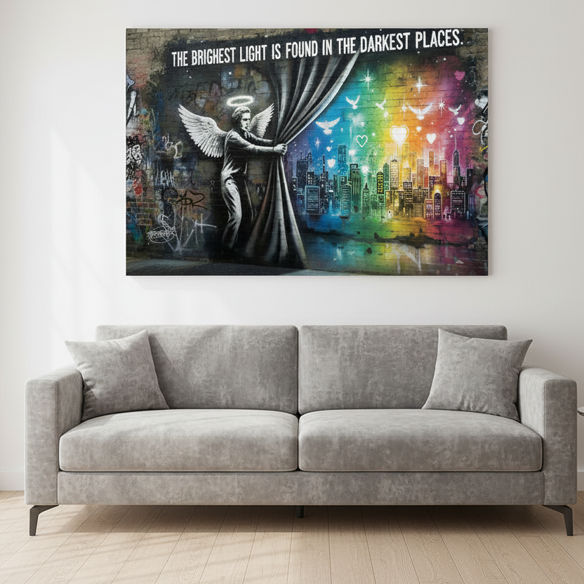 The Brightest Light Is Found in the Darkest Places Banksy-style graffiti canvas wall art with angel, rainbow cityscape and doves displayed above a sofa in a bright modern living room - Portugal Canvas Co

