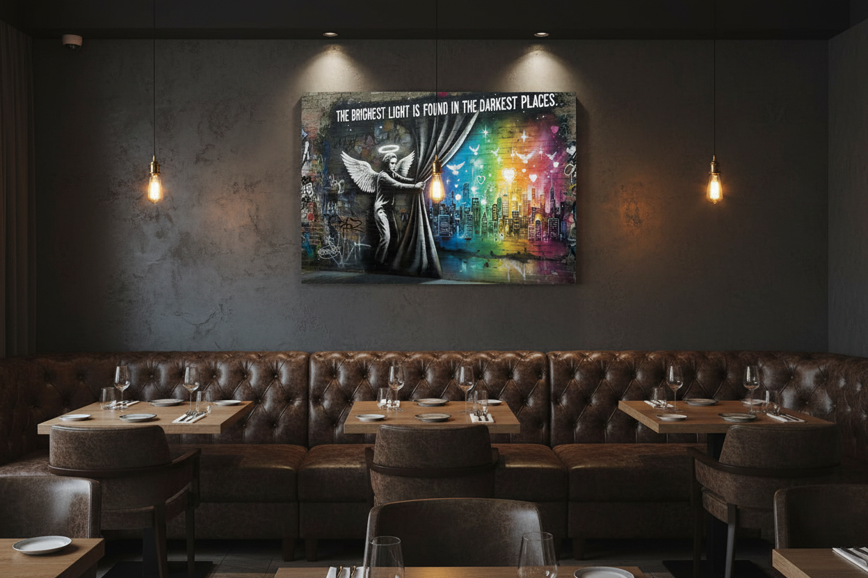 The Brightest Light Is Found in the Darkest Places Banksy-style graffiti canvas wall art with angel, rainbow cityscape and doves displayed on the feature wall of an upscale restaurant - Portugal Canvas Co