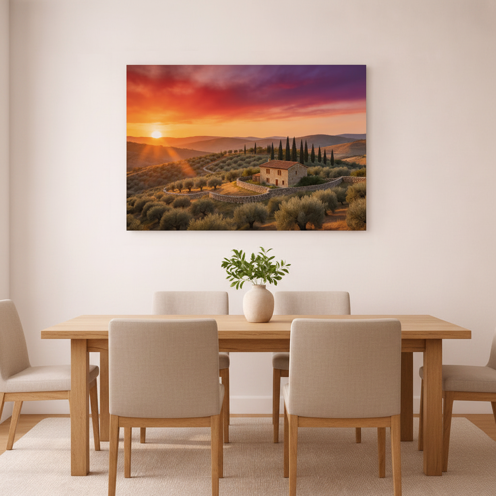 Tuscan countryside sunset landscape canvas wall art displayed in dining room interior - Portugal Canvas Co