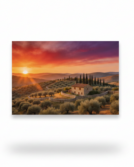 Tuscan countryside sunset landscape canvas wall art on white background - Portugal Canvas Co