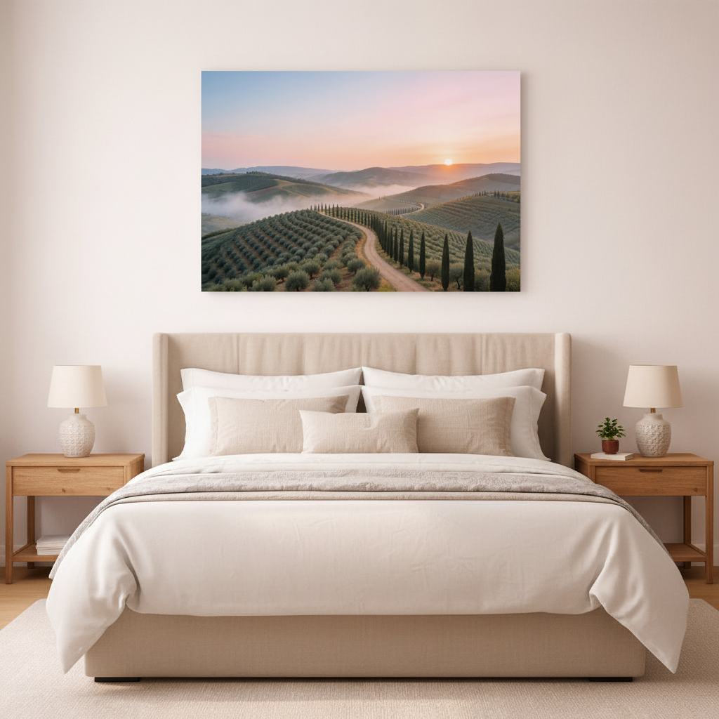 Tuscan sunrise landscape cypress road canvas wall art displayed in bedroom interior - Portugal Canvas Co