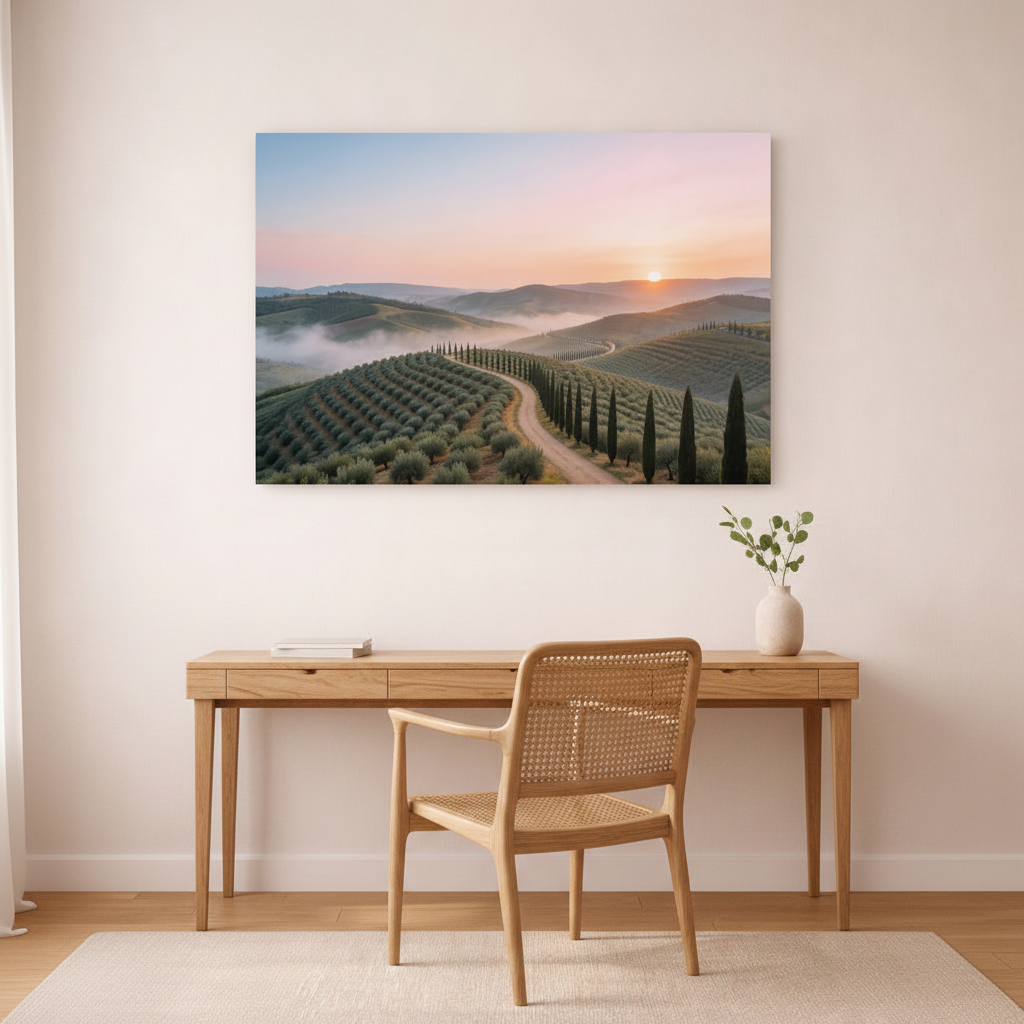 Tuscan sunrise landscape cypress road canvas wall art displayed in home study interior - Portugal Canvas Co