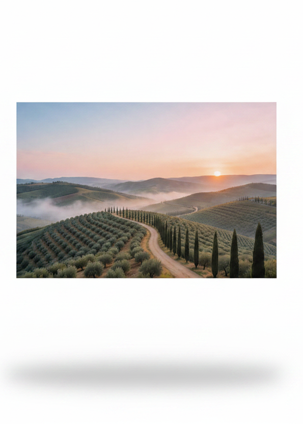 Tuscan sunrise landscape cypress road canvas wall art on white background - Portugal Canvas Co