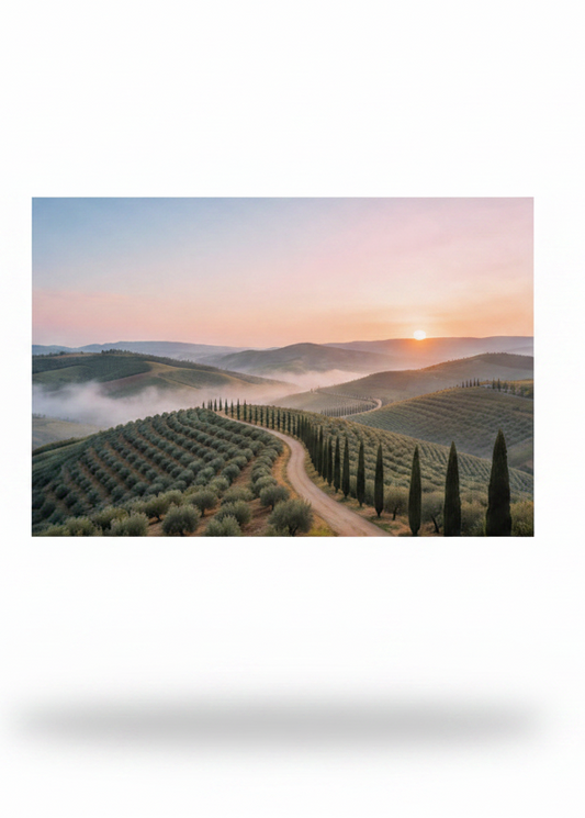 Tuscan sunrise landscape cypress road canvas wall art on white background - Portugal Canvas Co