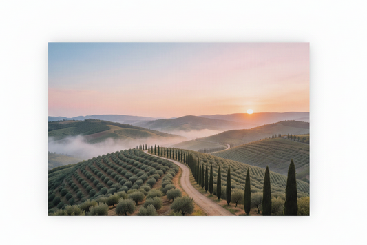 Tuscan sunrise landscape cypress road canvas wall art on white background - Portugal Canvas Co