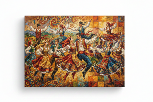 Colorful traditional folk dancers vibrant canvas wall art flat lay on white background - Portugal Canvas Co
