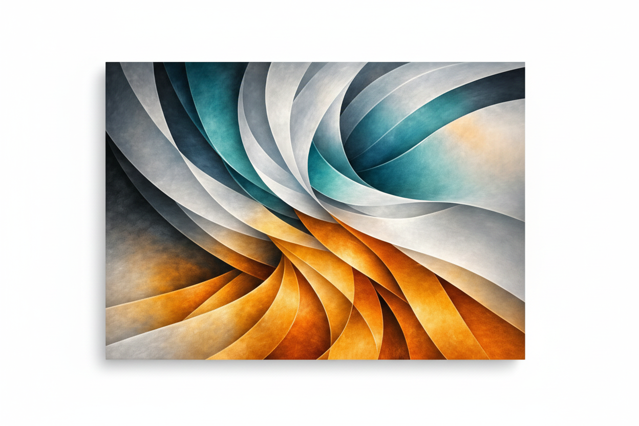 Vibrant swirl abstract canvas wall art flat lay on white background showing teal blue and amber orange flowing forms - Portugal Canvas Co