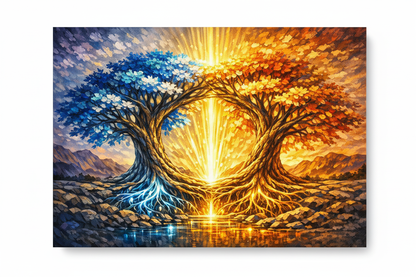 Dual element tree of light canvas wall art flat lay on white background showing blue and golden intertwining trees - Portugal Canvas Co