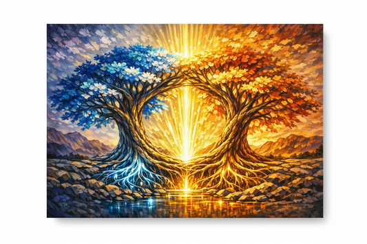 Dual element tree of light canvas wall art flat lay on white background showing blue and golden intertwining trees - Portugal Canvas Co