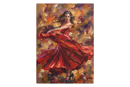 Flamenco dancer in a flowing red dress vibrant canvas wall art flat lay on a pure white background - Portugal Canvas Co