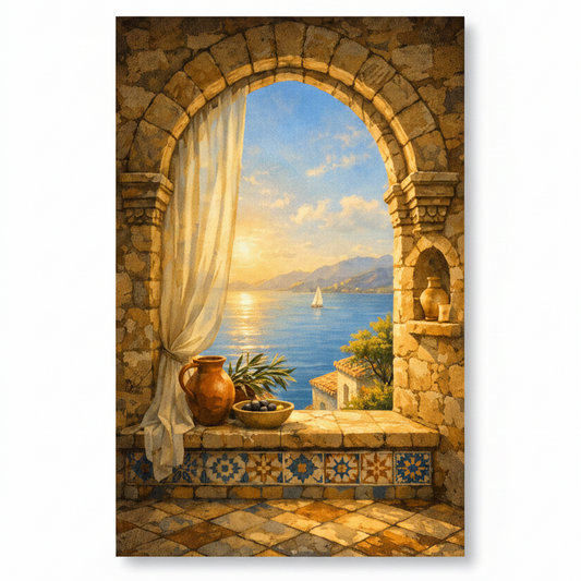 Mediterranean sunset archway with sheer curtain and blue sea canvas wall art on white background - Portugal Canvas Co