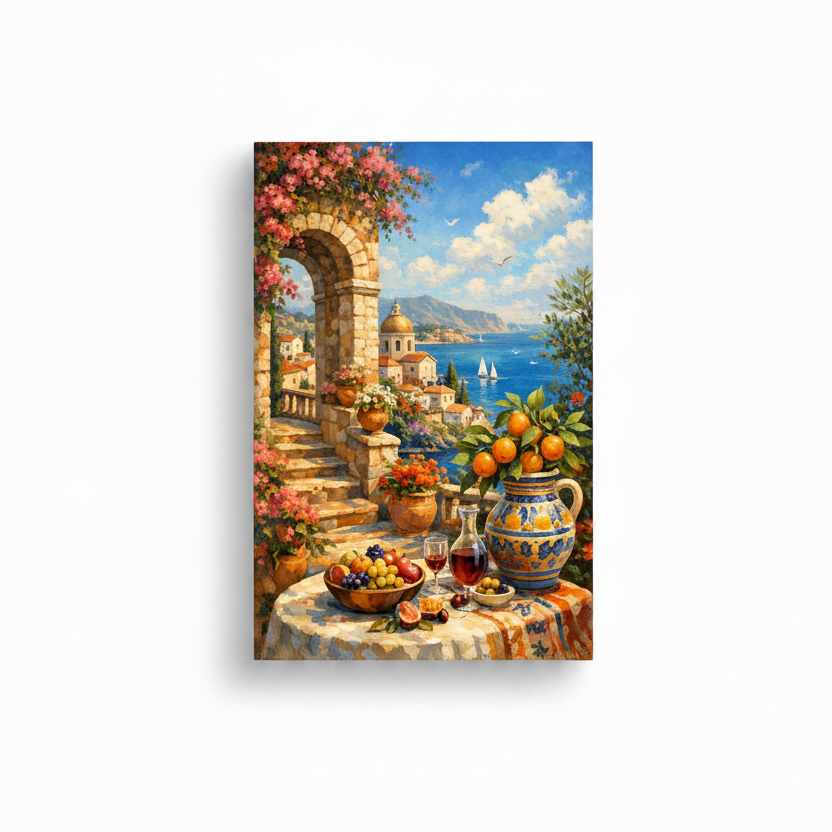 Mediterranean coastal archway canvas print with bougainvillea and sea view on white background - Portugal Canvas Co