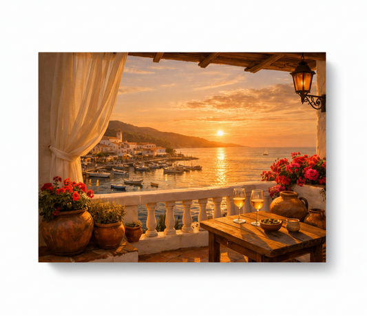 Mediterranean harbour sunset balcony view canvas wall art on white background - Portugal Canvas Co